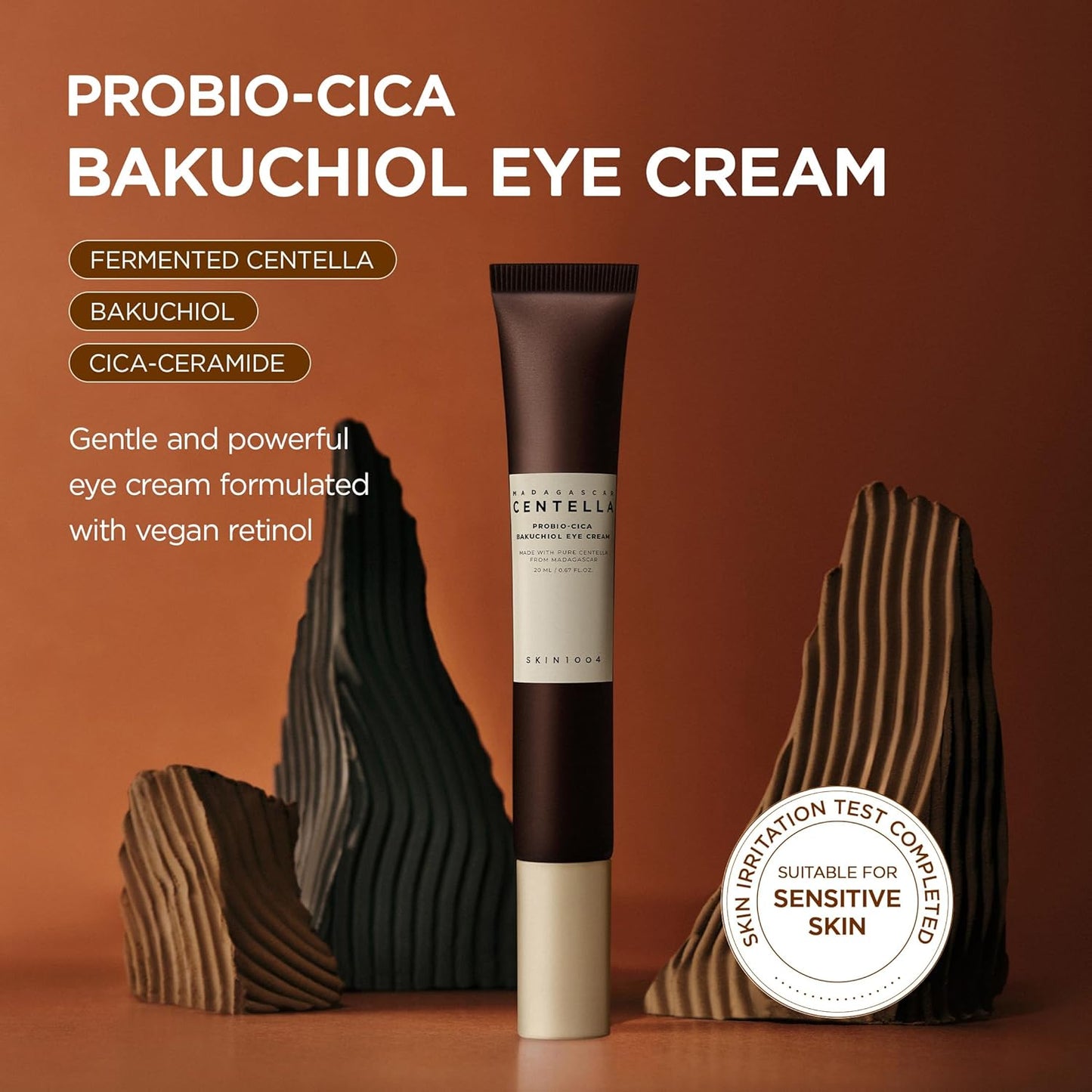 SKINZA Madagascar Centella Probio-Cica Bakuchiol Eye Cream in 20ml, featuring a tube with a white cap and product branding.