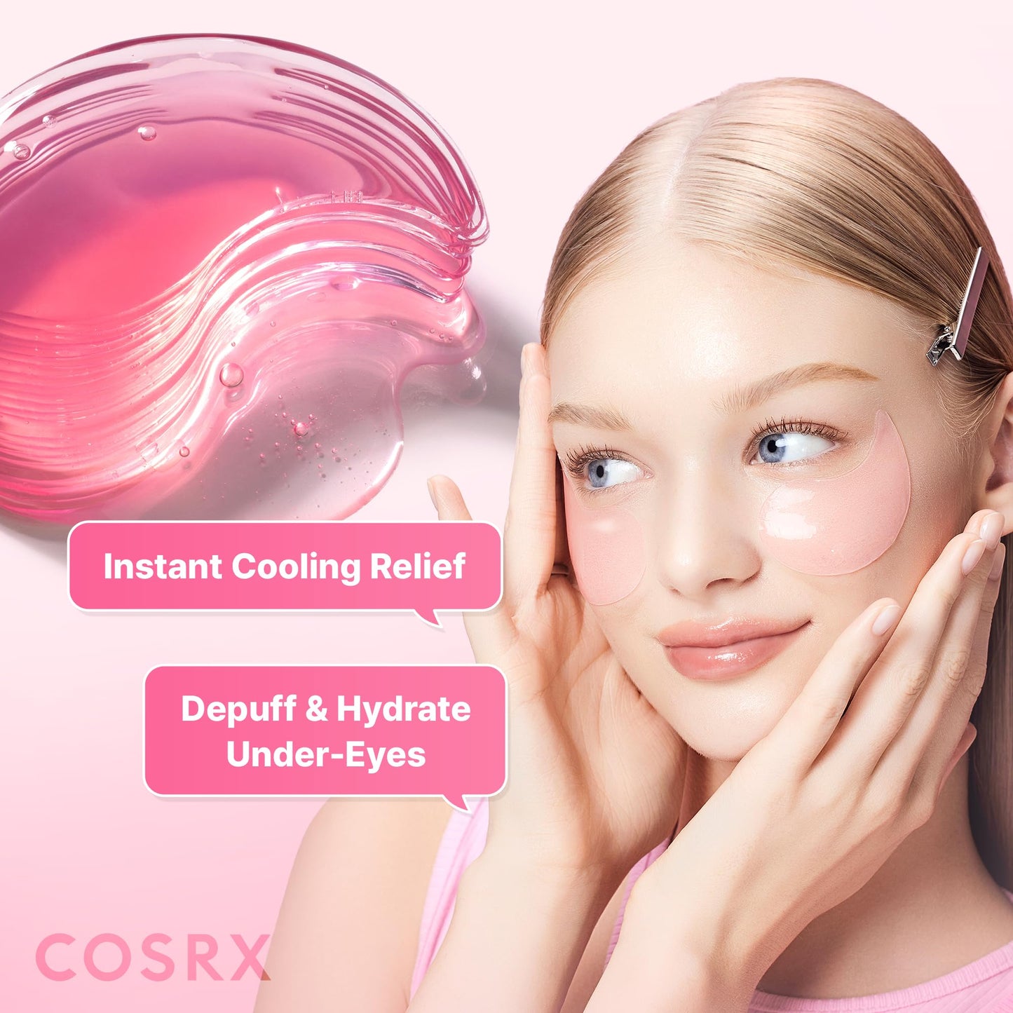 SKINZA COSRX Pink Peptide Collagen Hydrogel Eye Patches for reducing wrinkles, featuring pink-colored hydrogel patches applied under the eyes.