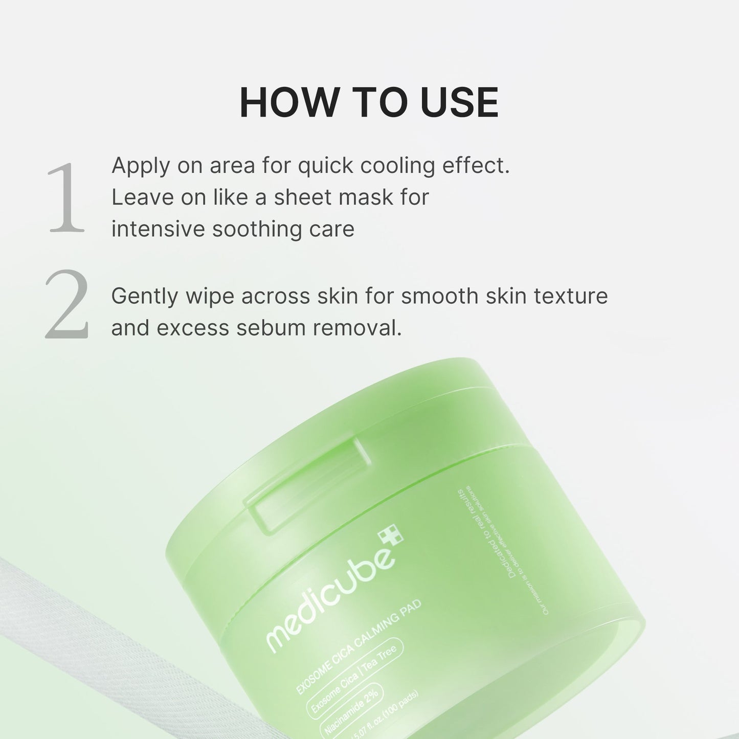 Medicube Exosome Cica Calming Toner Pads displayed on a white background, showing soft, round face pads for soothing skincare.