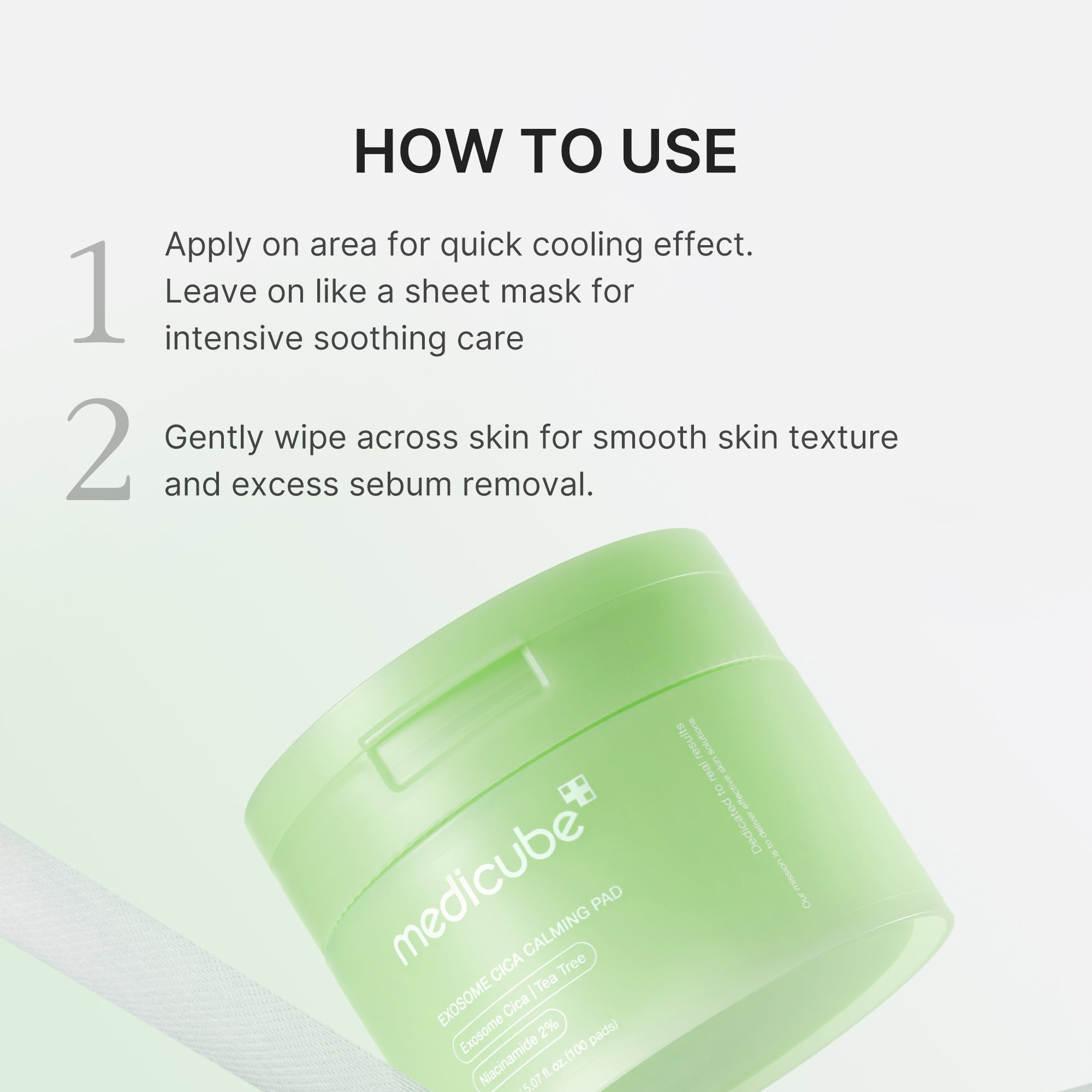 Medicube Exosome Cica Calming Toner Pads displayed on a white background, showing soft, round face pads for soothing skincare.
