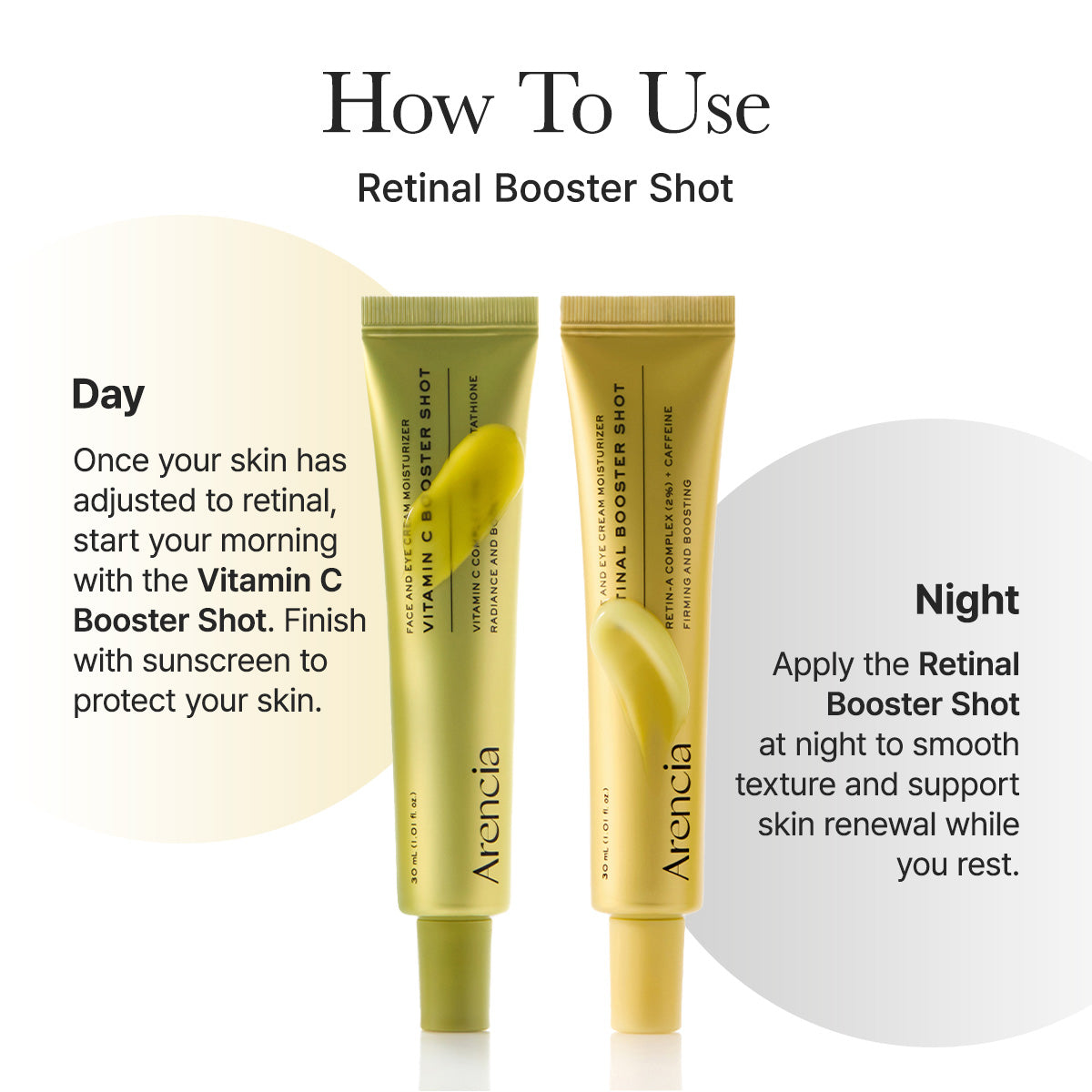 Arencia Vitamin C Booster Shot face care product bottle with bright orange label and dropper applicator.