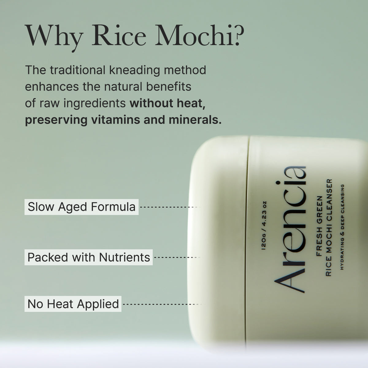 Arencia Fresh Green Rice Mochi Cleanser for face care, showing the cleanser bottle with green rice mochi ingredients.