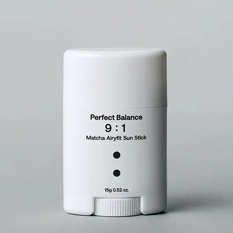 B : Lab Matcha Airyfit Sun Stick SPF50+ PA++++ sunscreen in a sleek, portable stick with a green tint and smooth application.
