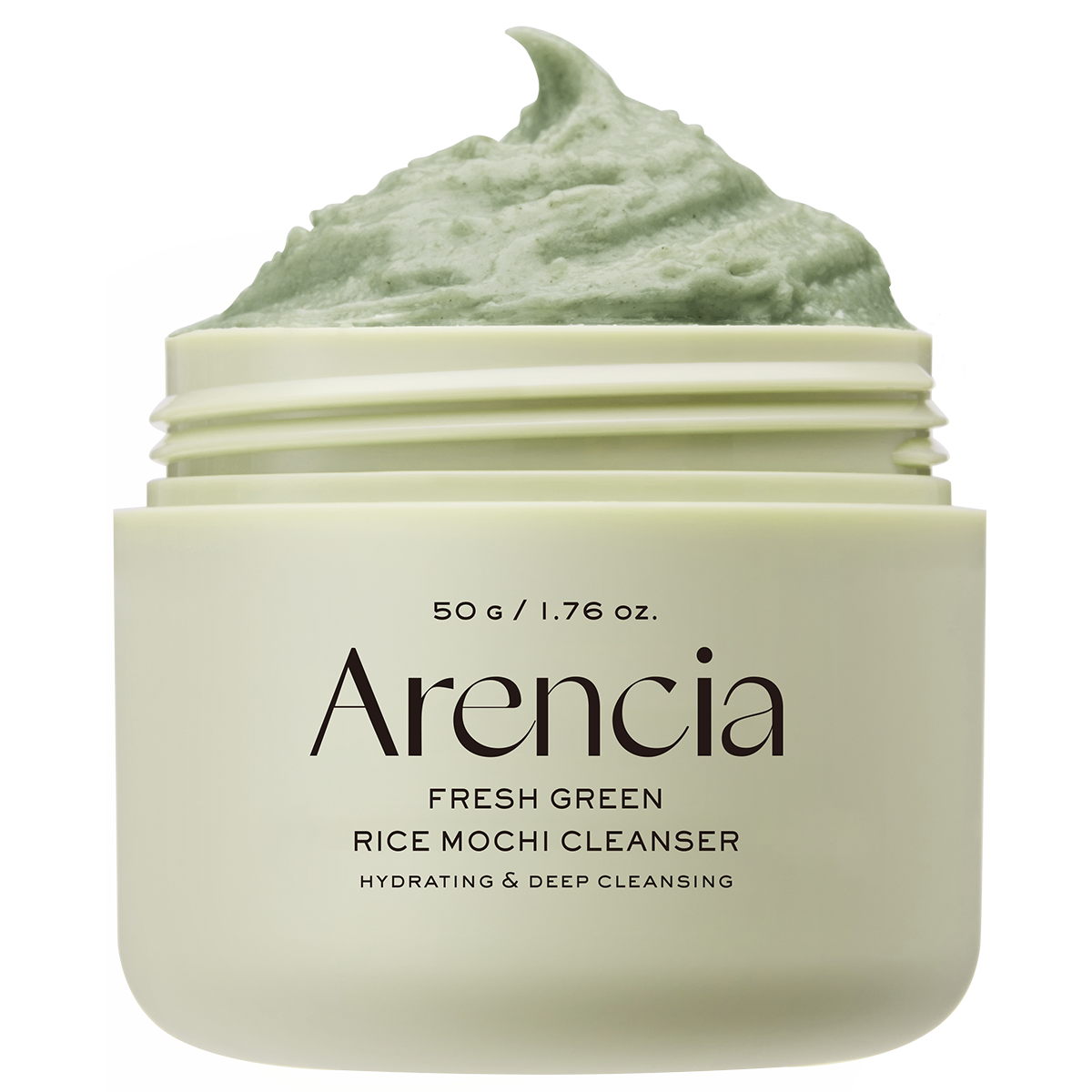 Arencia Fresh Green Rice Mochi Cleanser for face care, 50g, featuring green rice mochi texture for gentle cleansing and skin refreshment.