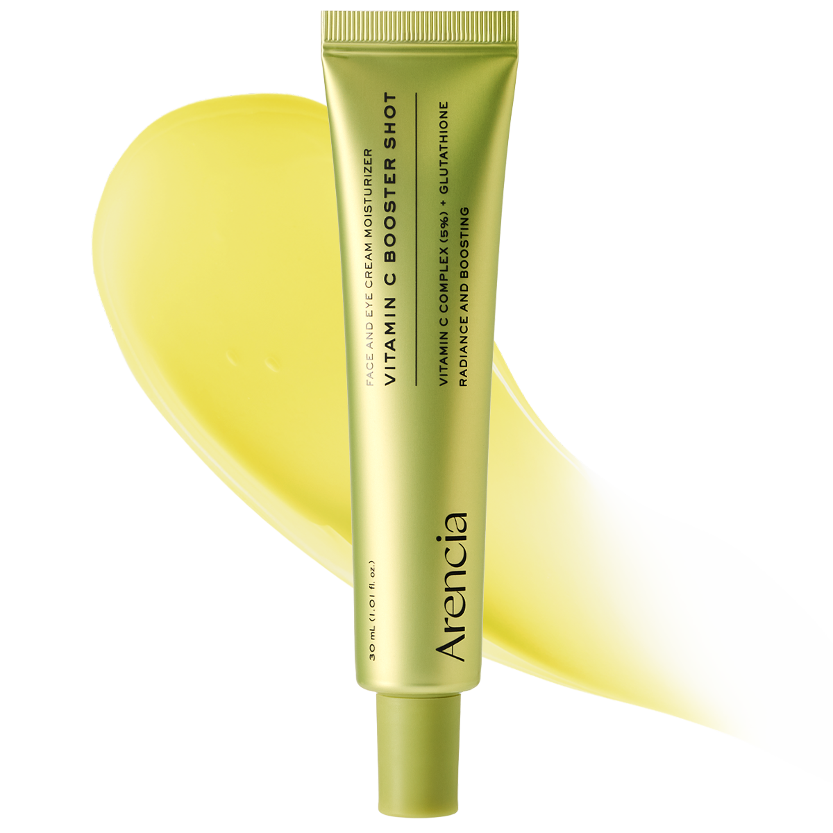 Arencia Vitamin C Booster Shot face care product with a clear bottle and vibrant orange liquid, designed for brightening skin.