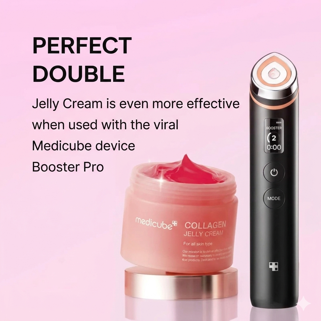 Medicube Collagen Jelly Cream in a 110ml jar, showcasing a smooth, glowing texture ideal for skincare routines.