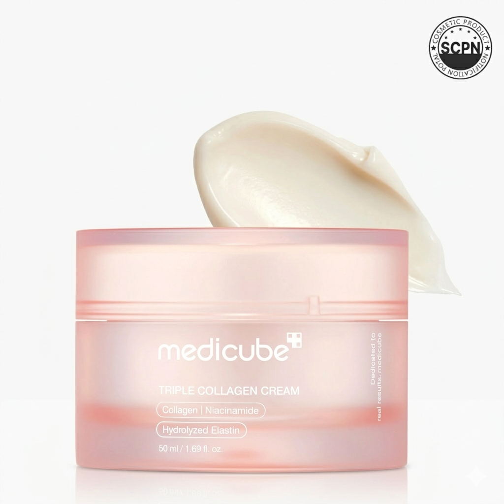 Medicube Triple Collagen Cream from the GLASS GLOW LINE, featuring a firming skincare formula in a sleek jar.