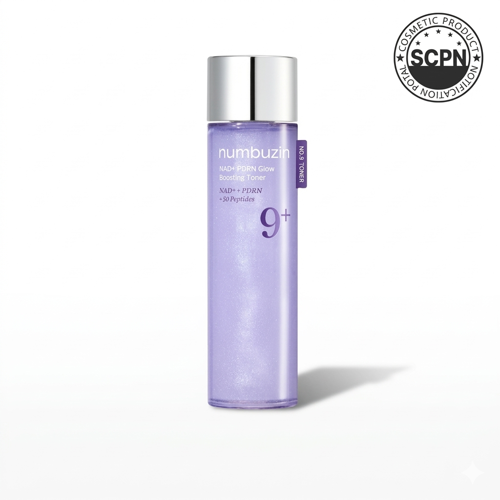 Numbuzin No.9 NAD+ PDRN Glow Boosting Toner bottle with a clear label, displayed in a minimalist setting.