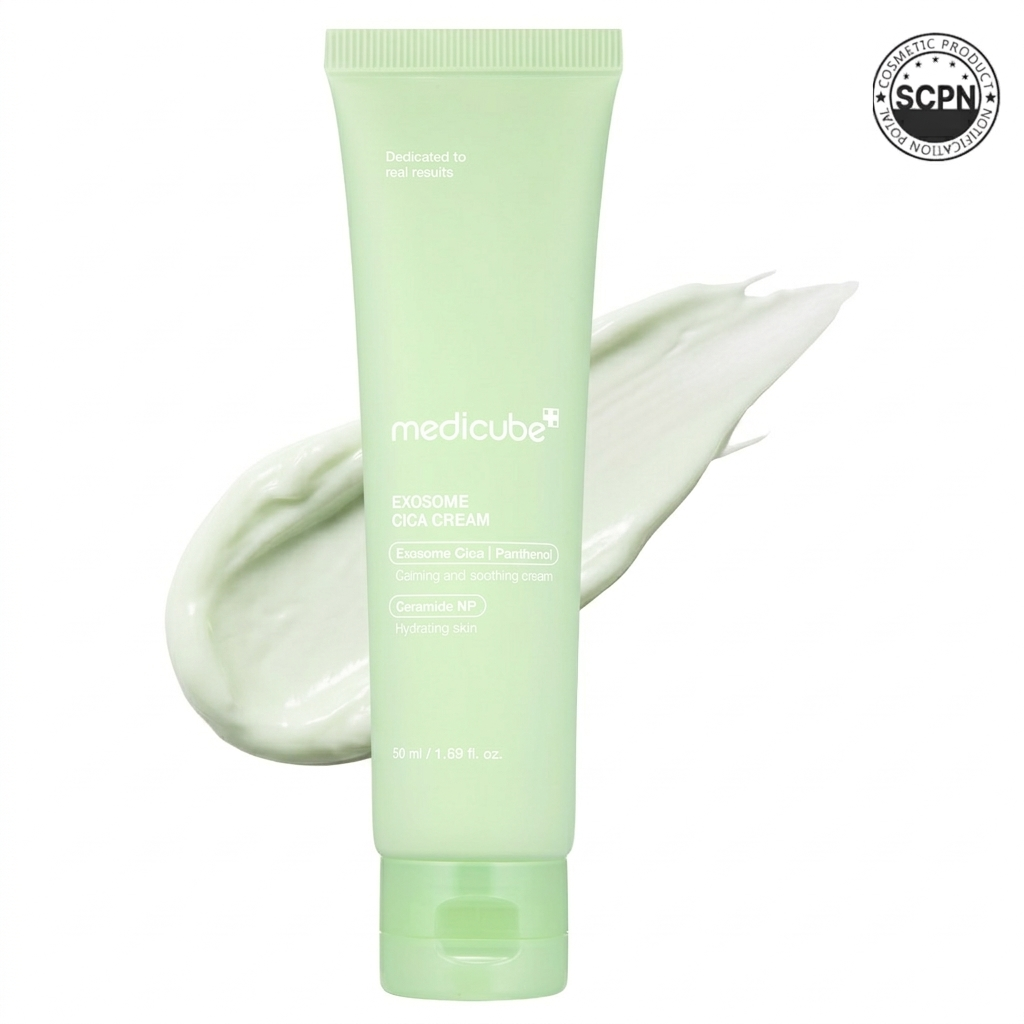 Medicube Exosome Cica Calming Cream for face care, showing a jar of soothing cream with calming ingredients.