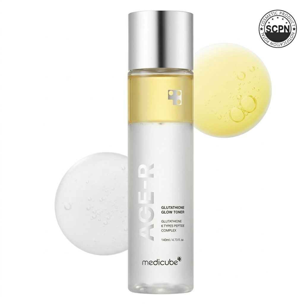 Medicube AGE-R Glutathione Glow Milk Toner bottle, featuring a sleek design with a white and soft pink label.