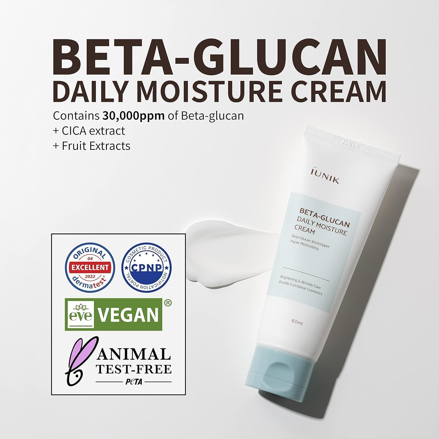IUNK Beta Glucan Daily Moisture Cream for face, 60ml, in a sleek jar showing the creamy skincare product.