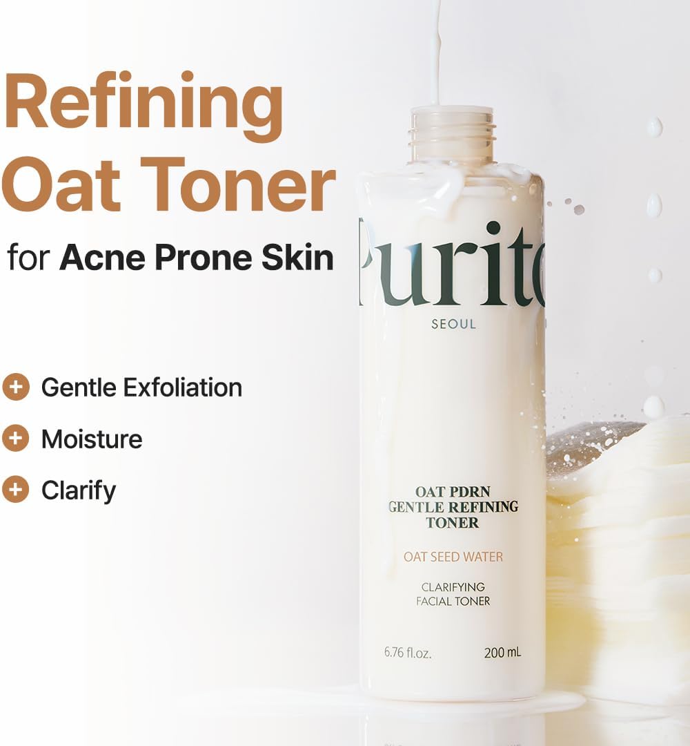 SKINZA PURITO Oat PDRN Gentle Refining Toner in a 200 mL bottle, clear liquid with a minimalist label, suitable for soothing skin.
