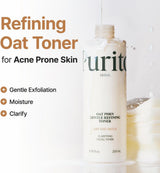 SKINZA PURITO Oat PDRN Gentle Refining Toner in a 200 mL bottle, clear liquid with a minimalist label, suitable for soothing skin.