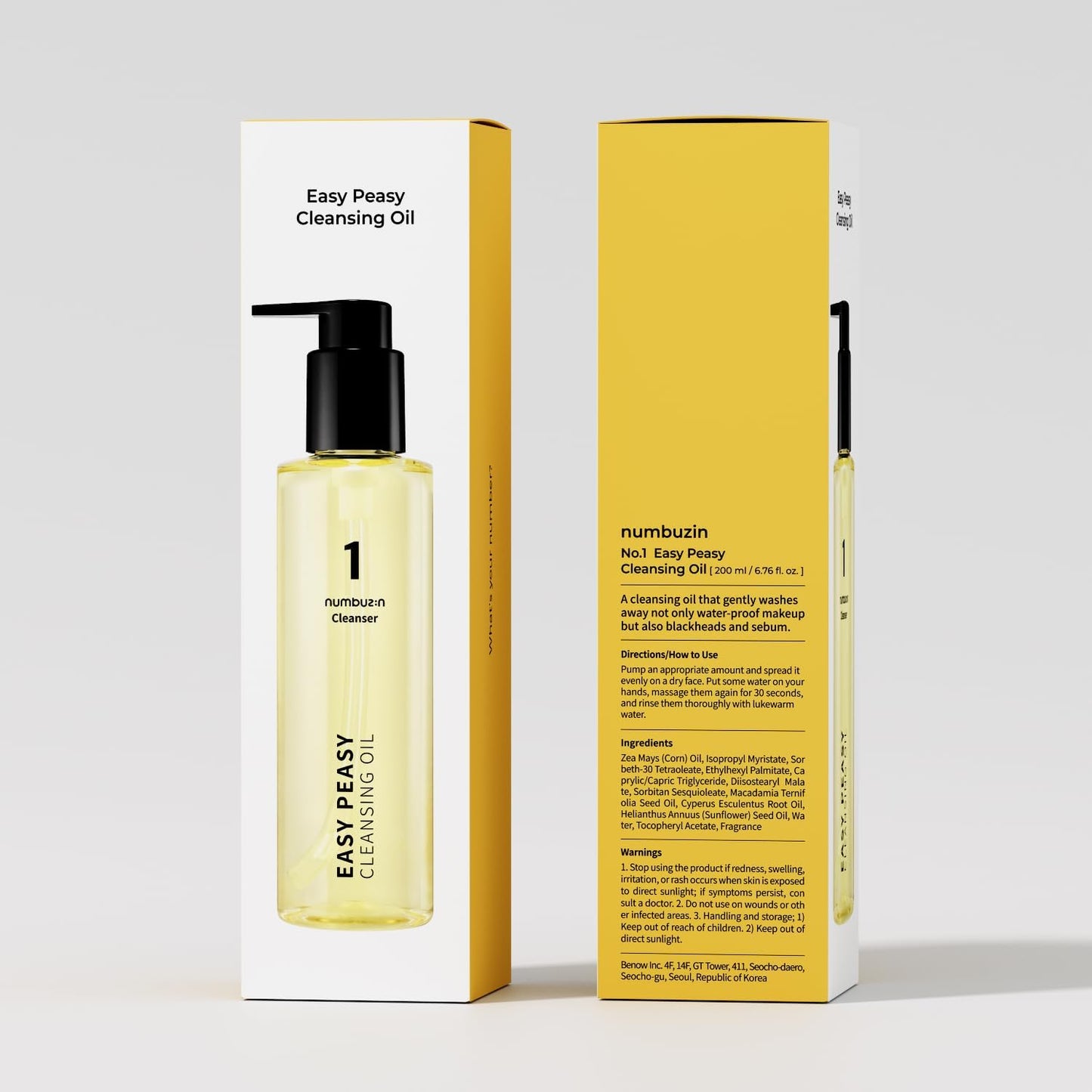 Numbuzin No.1 Easy Peasy cleansing oil bottle with pump dispenser, close-up view showing the product label and packaging