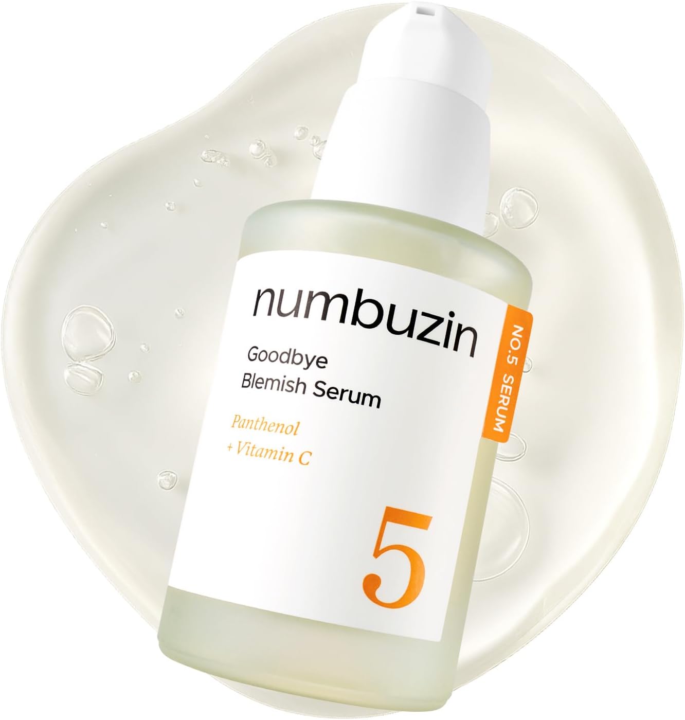 Numbuzin No.5 Goodbye Blemish Serum in a sleek bottle, showing the serum's smooth texture and minimalist branding.