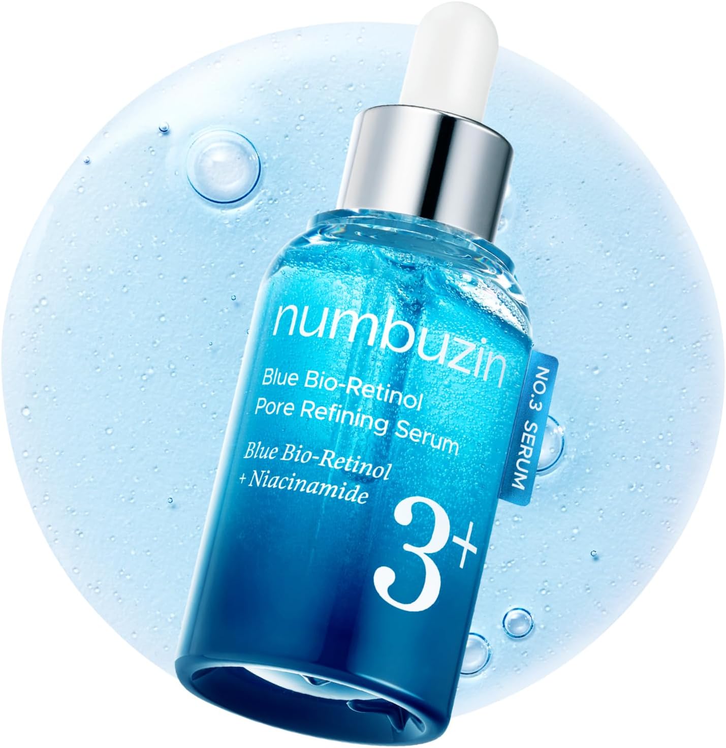Numbuzin No.3 Blue Bio-Retinol Pore Refining Serum in a sleek bottle, featuring a dropper cap and light blue label.