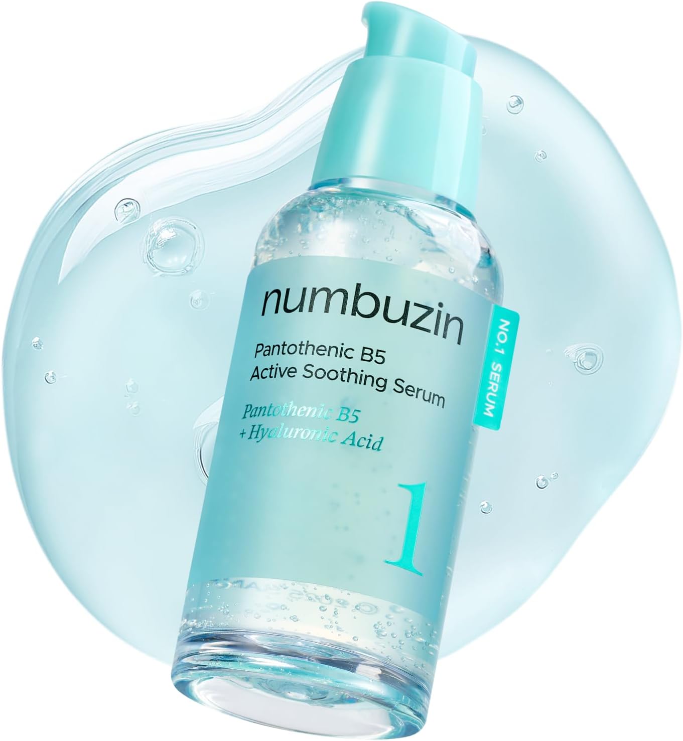 Numbuzin No.1 Pantothenic B5 Active Soothing Serum in a clear glass bottle with a dropper for skincare application.