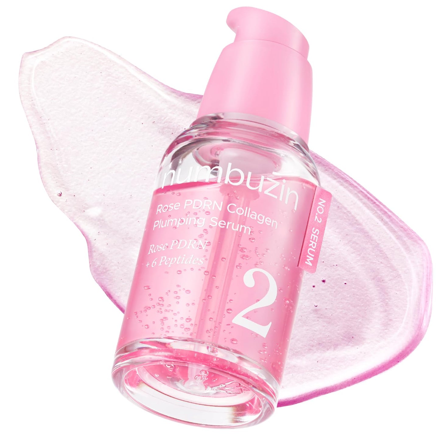 Numbuzin No.2 Rose PDRN Collagen Plumping Serum bottle with rose design and pump dispenser for skincare.