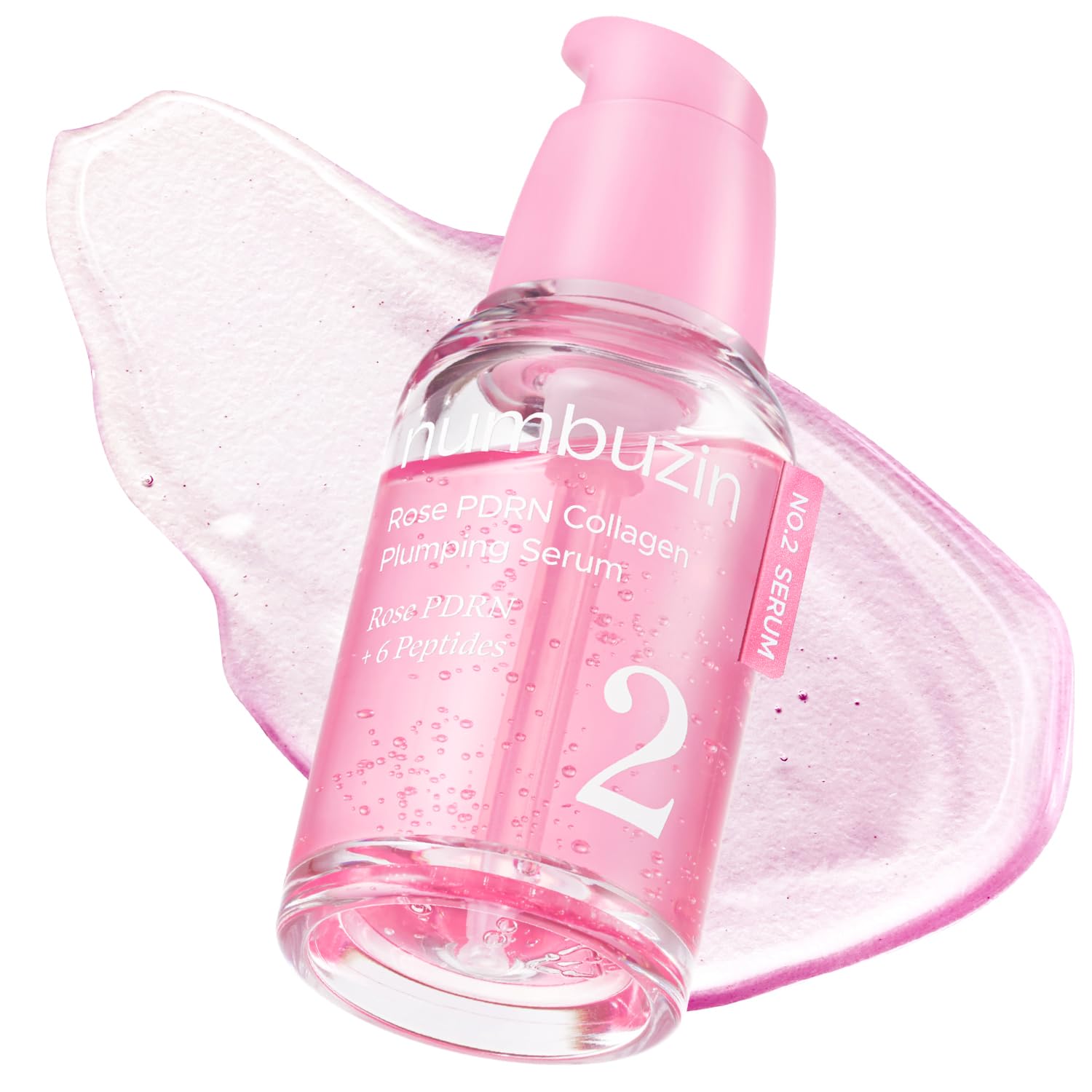 Numbuzin No.2 Rose PDRN Collagen Plumping Serum bottle with rose design and pump dispenser for skincare.