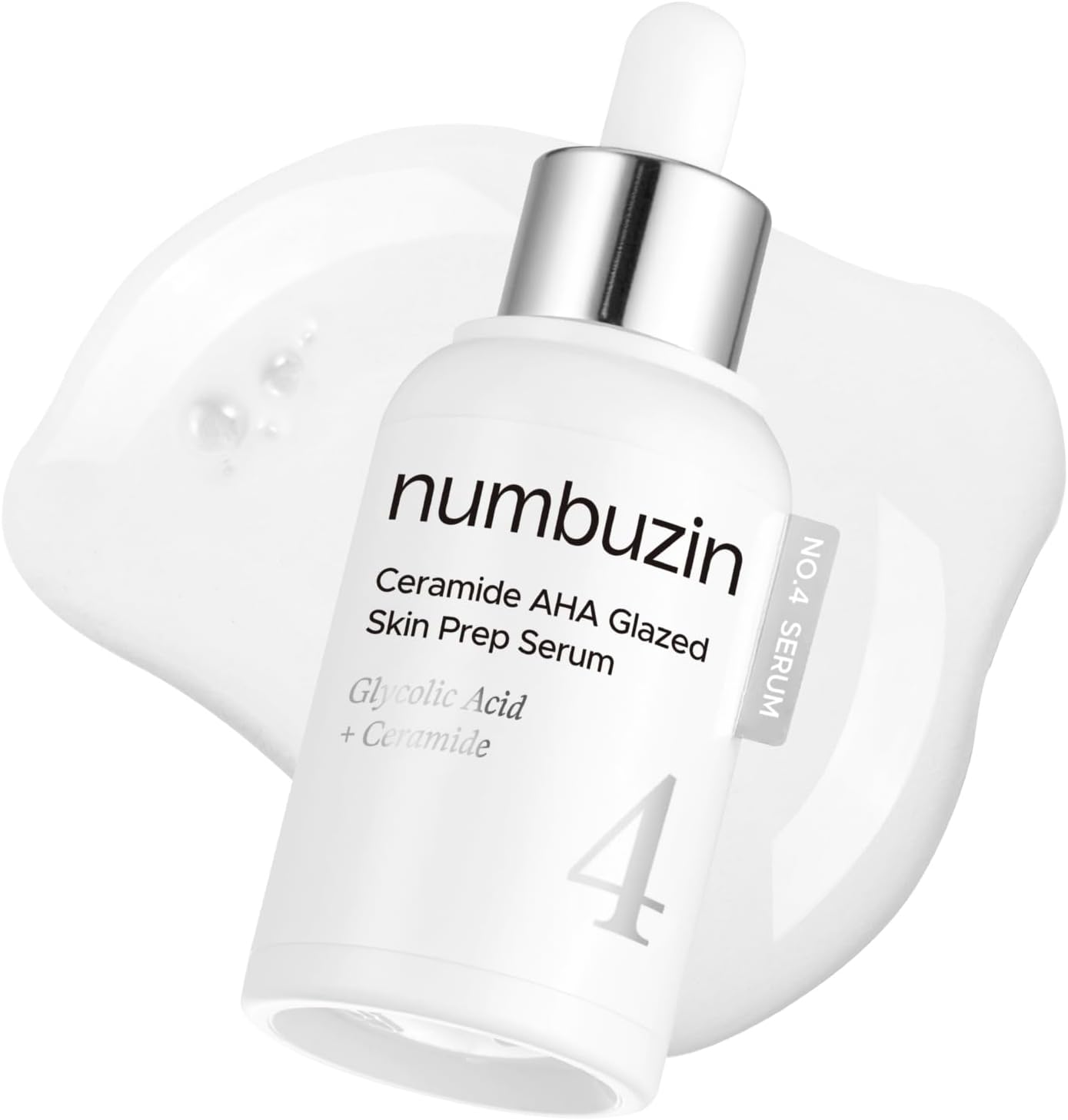 Numbuzin No.4 Ceramide AHA Glazed Skin Prep Serum bottle with dropper, highlighting skincare product for glowing skin.