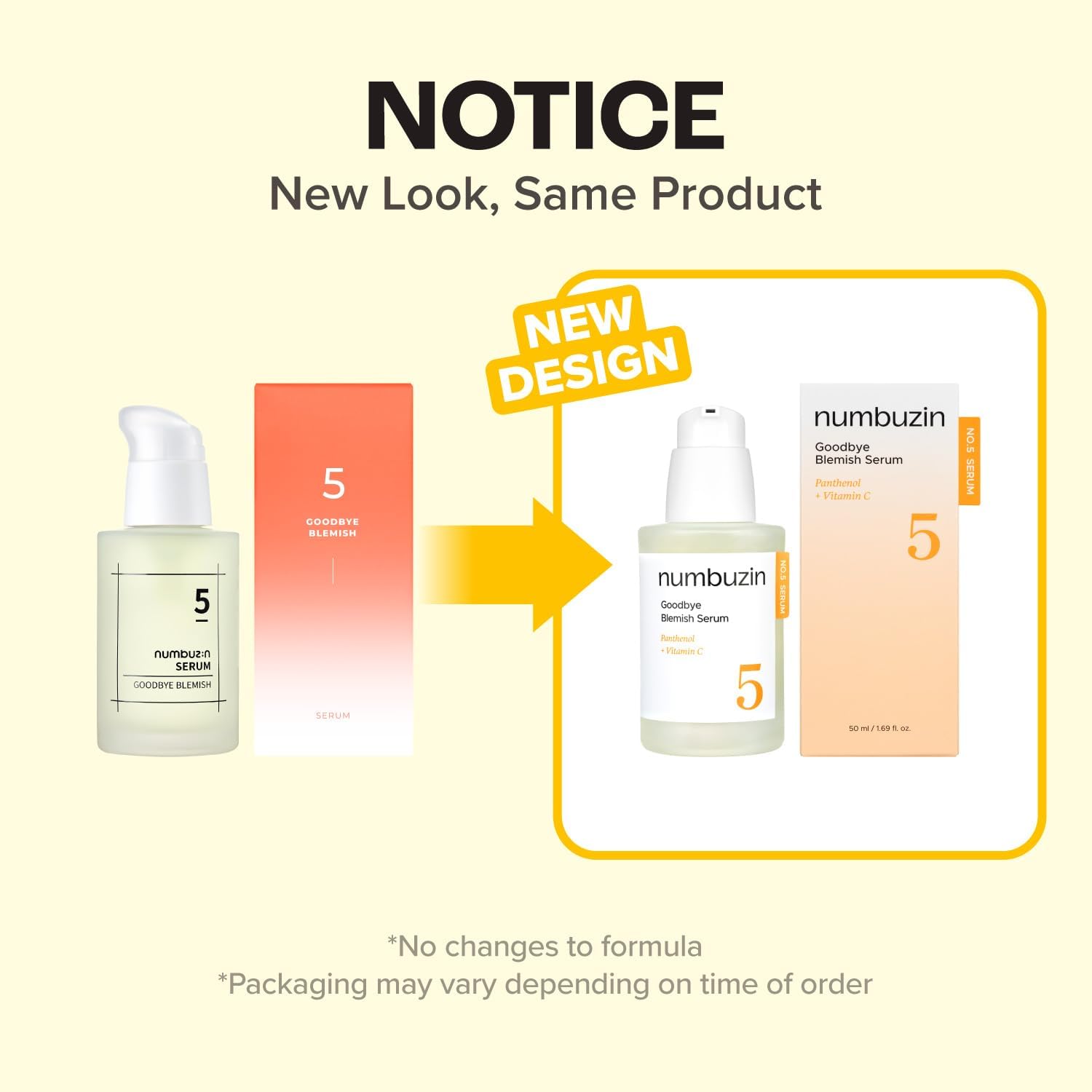 Numbuzin No.5 Goodbye Blemish Serum in a clear glass bottle with dropper, designed to reduce skin blemishes and improve complexion.
