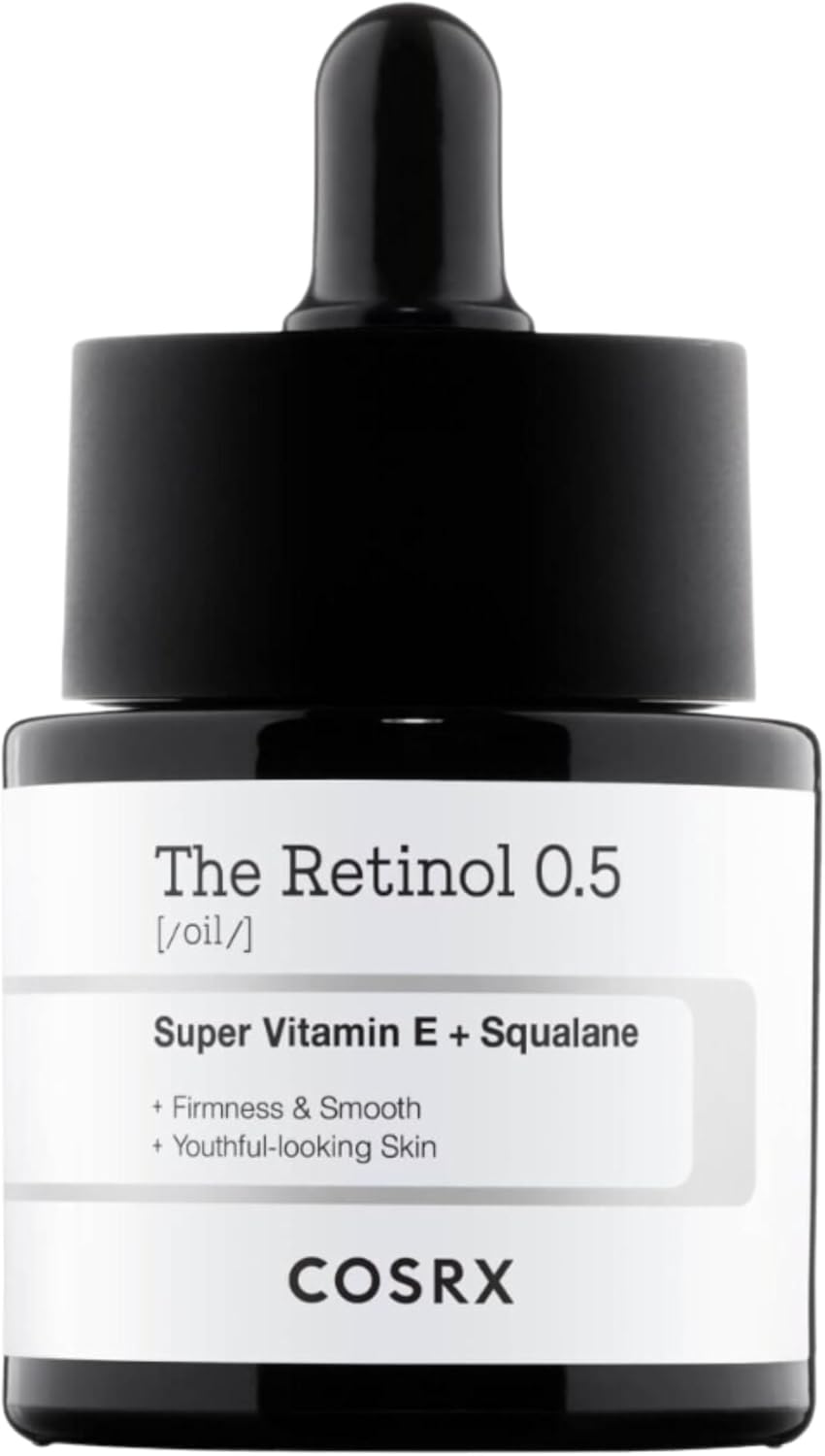 Cosrx The Retinol 0.5 Face Essence bottle with dropper, clear glass packaging, and white label showcasing skincare product.