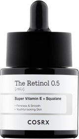 Cosrx The Retinol 0.5 Face Essence bottle with dropper, clear glass packaging, and white label showcasing skincare product.