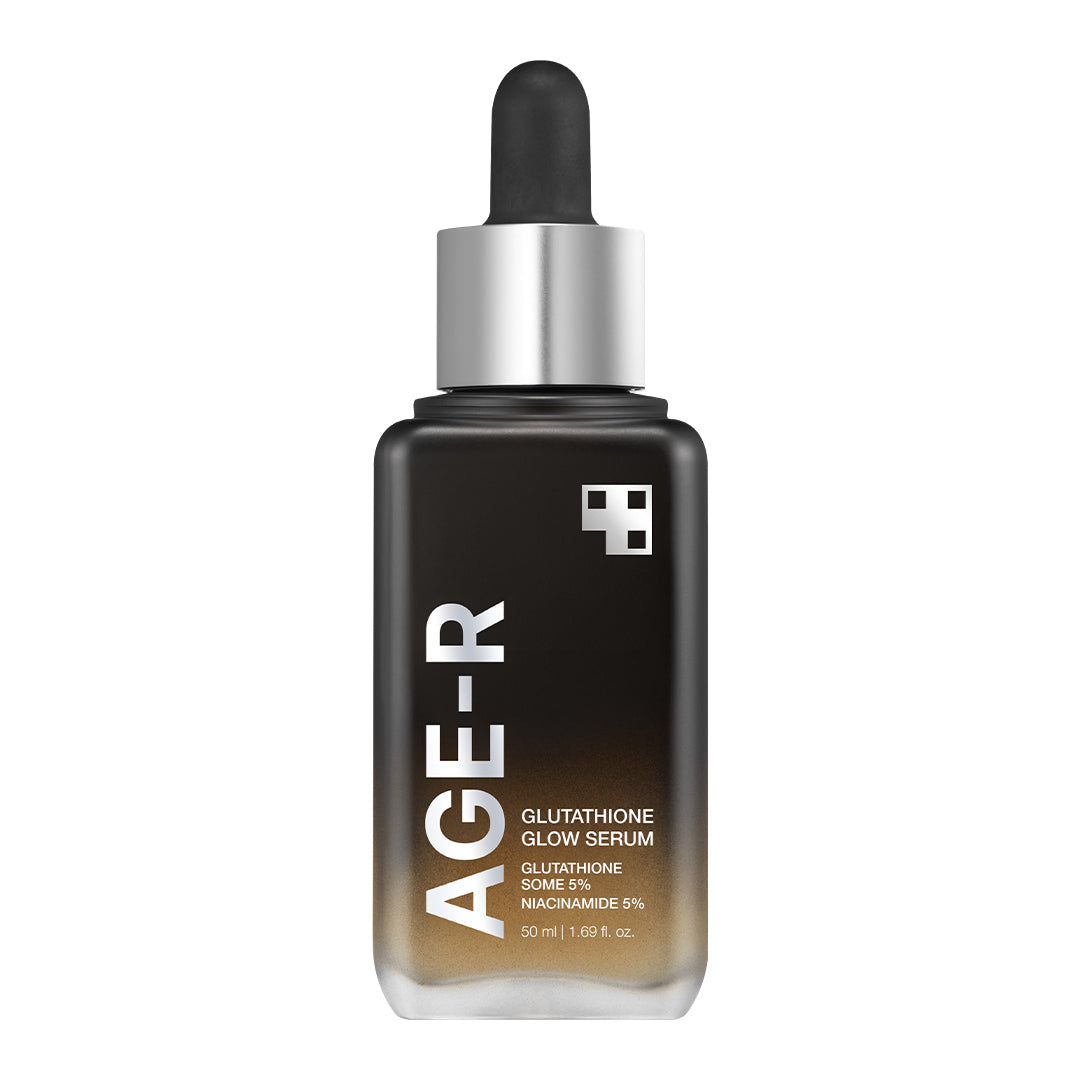 AGE-R Glutathione Glow Serum bottle with pump dispenser, featuring sleek packaging and clear labeling on a white background.