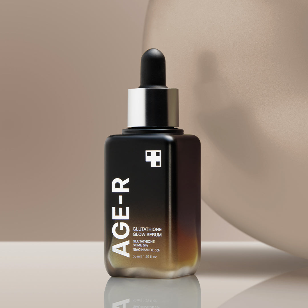 AGE-R Glutathione Glow Serum bottle with dropper, showcasing the skincare product for radiant skin.