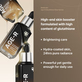 AGE-R Glutathione Glow Serum bottle with dropper, showcasing clear packaging and serum inside, on a neutral background.