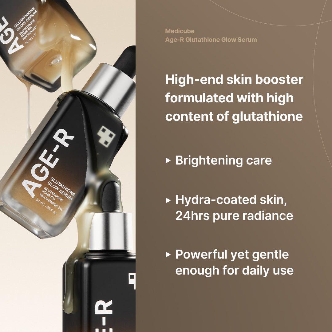 AGE-R Glutathione Glow Serum bottle with dropper, showcasing clear packaging and serum inside, on a neutral background.
