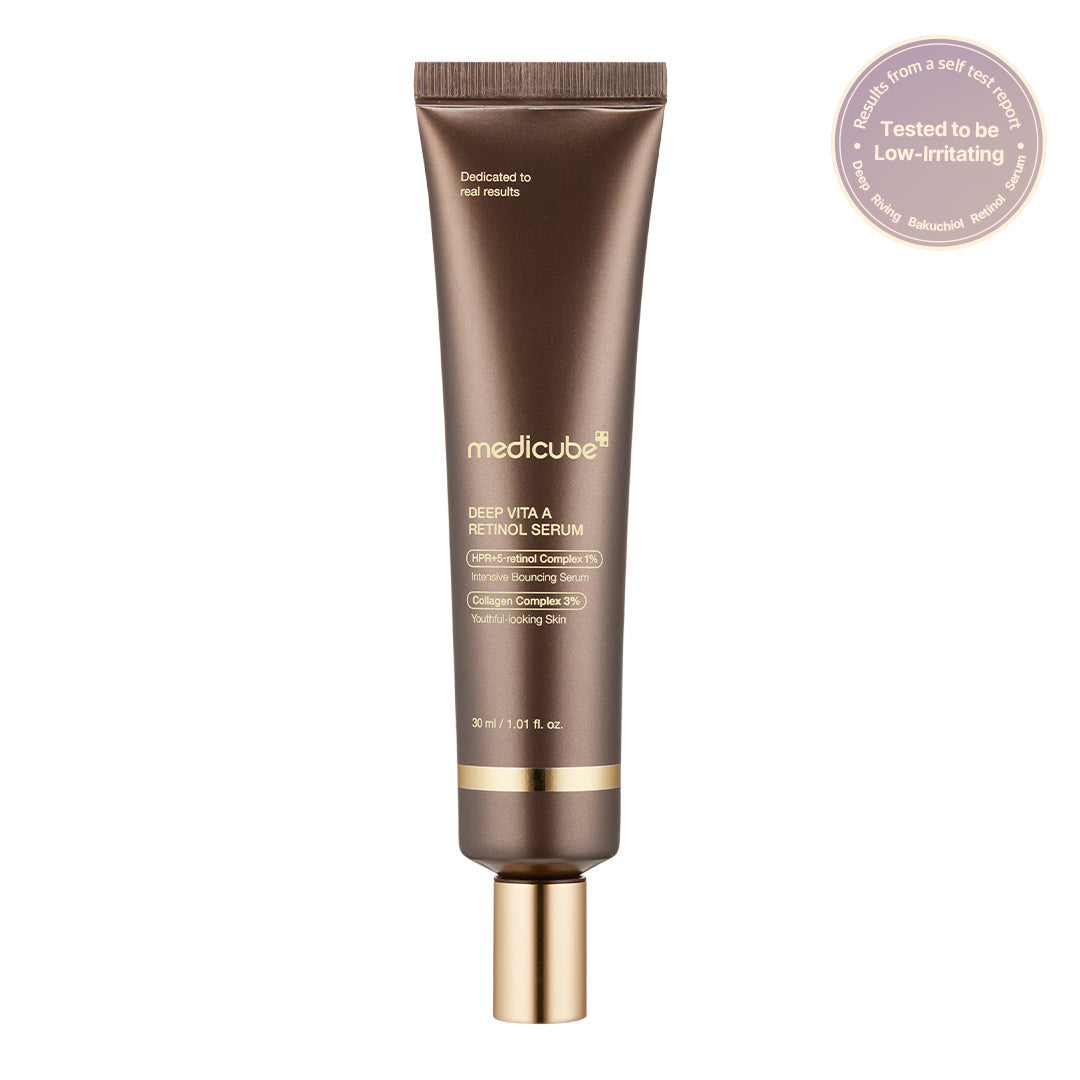Deep Reviving Bakuchiol Retinol Serum for deep lines and anti-aging, featuring a sleek glass bottle with dropper applicator.