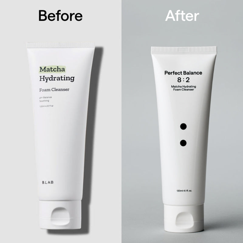 B : Lab Matcha Hydrating Foam Cleanser in a white pump bottle, showing the creamy foam texture and fresh green matcha ingredients.