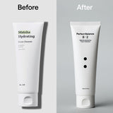 B : Lab Matcha Hydrating Foam Cleanser in a white pump bottle, showing the creamy foam texture and fresh green matcha ingredients.