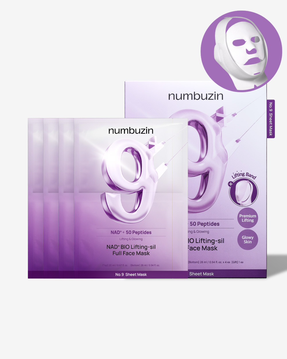 Numbuzin No.9 NAD+ BIO Lifting-sil full face sheet mask with four sheets and a lifting band for skin rejuvenation.