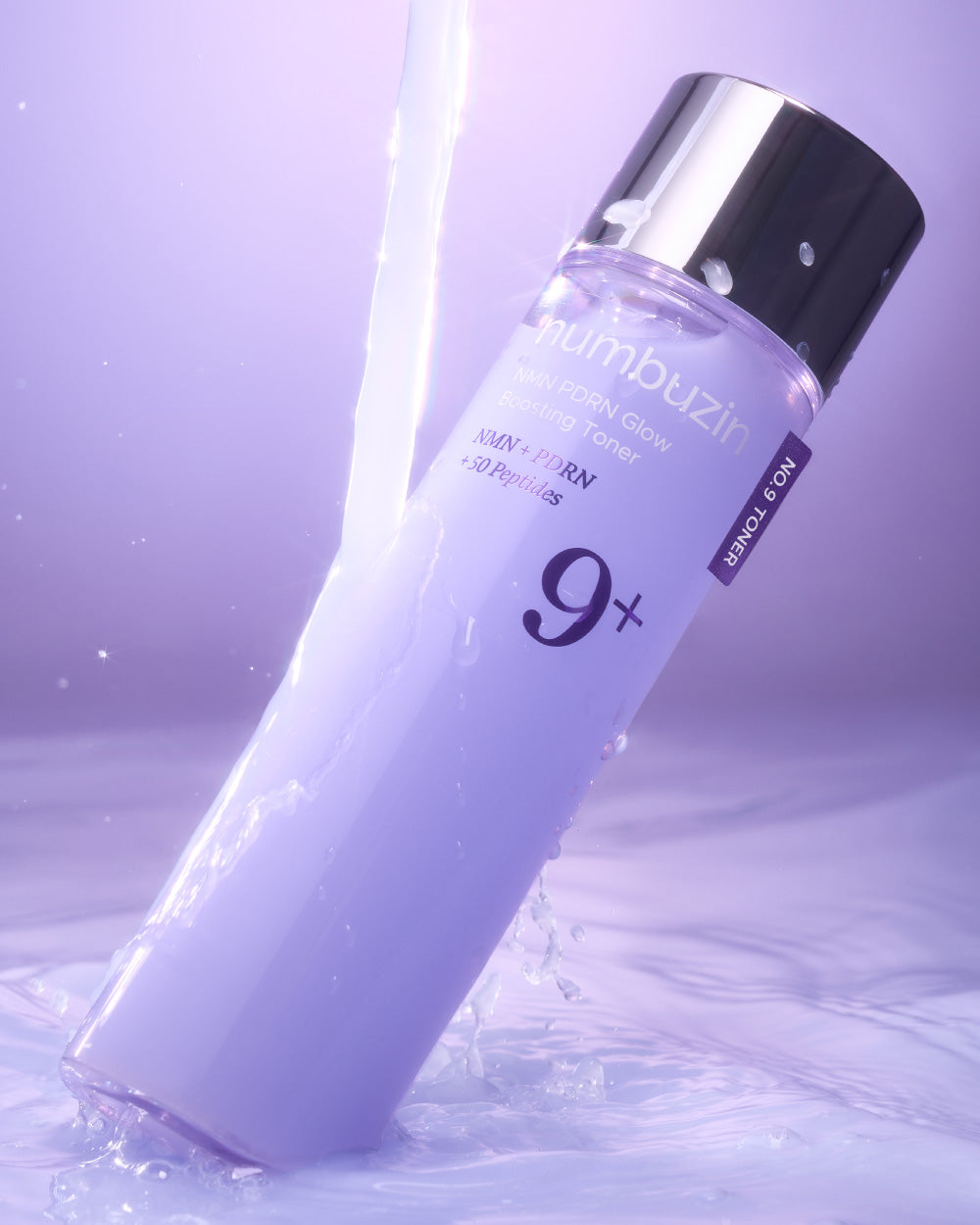 Numbuzin No.9 NAD+ PDRN glow boosting toner in a clear bottle with a pump dispenser, showcasing the product's packaging and label.