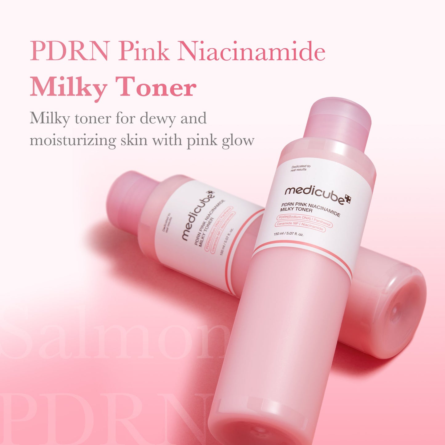 Medicube PDRN Pink Niacinamide Milky Toner bottle with soft pink label and clear liquid inside, ready for skincare application.
