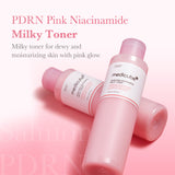 Medicube PDRN Pink Niacinamide Milky Toner bottle with soft pink label and clear liquid inside, ready for skincare application.