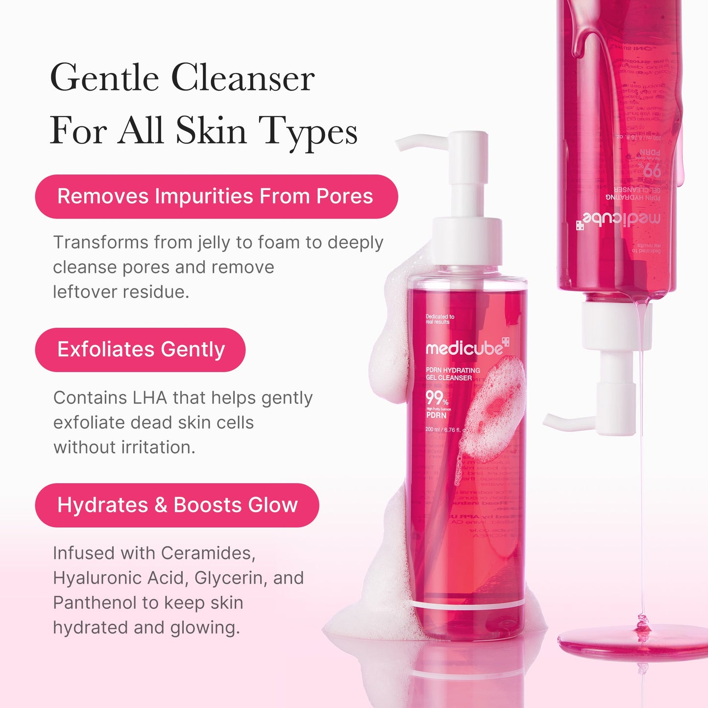 MEDICUBE PDRN Pink Gel Cleanser for face cleansing, showing the pink gel texture in a clear tube with branding.