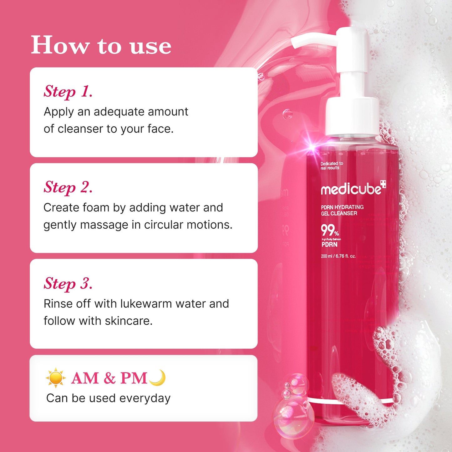 MEDICUBE PDRN Pink Gel Cleanser for face, showing a soft pink gel in a clear tube with a flip cap.