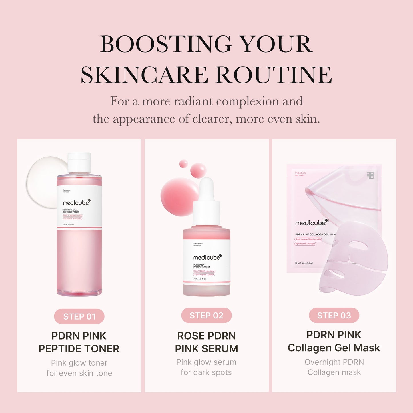 Pink PDRN line PDRN Pink Peptide Toner bottle with pink liquid and label, skincare product for hydration and skin renewal.