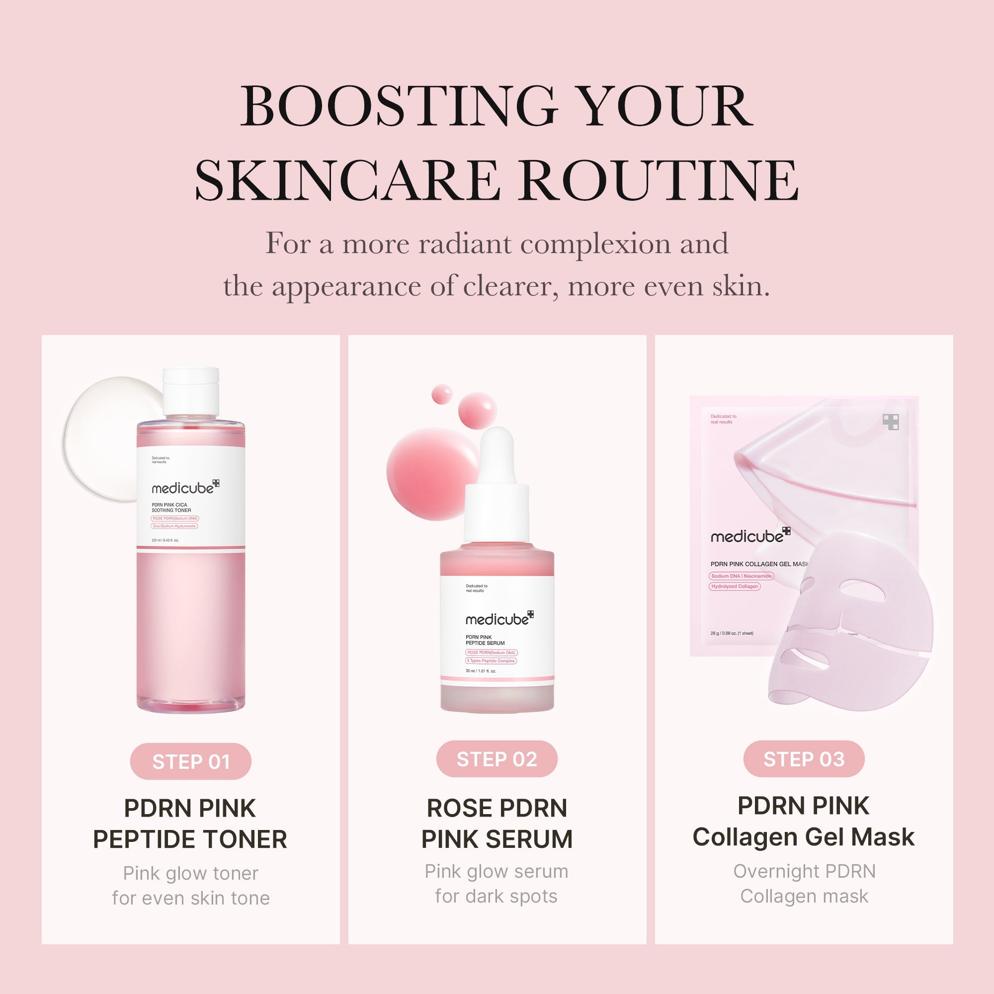 Pink PDRN line PDRN Pink Peptide Toner bottle with pink liquid and label, skincare product for hydration and skin renewal.