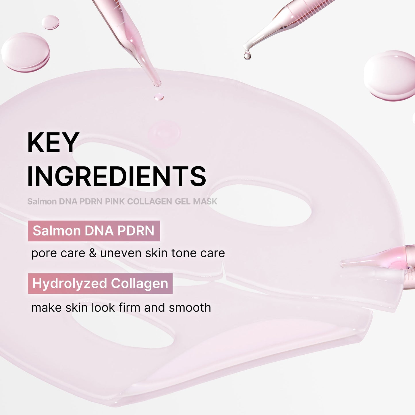 Pink collagen gel mask with text detailing key ingredients on a light pink background