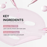 Pink collagen gel mask with text detailing key ingredients on a light pink background