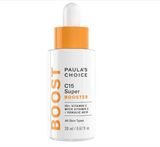 SKINZA Paula's Choice C15 Super Booster serum bottle with dropper, featuring bright orange packaging and product label.