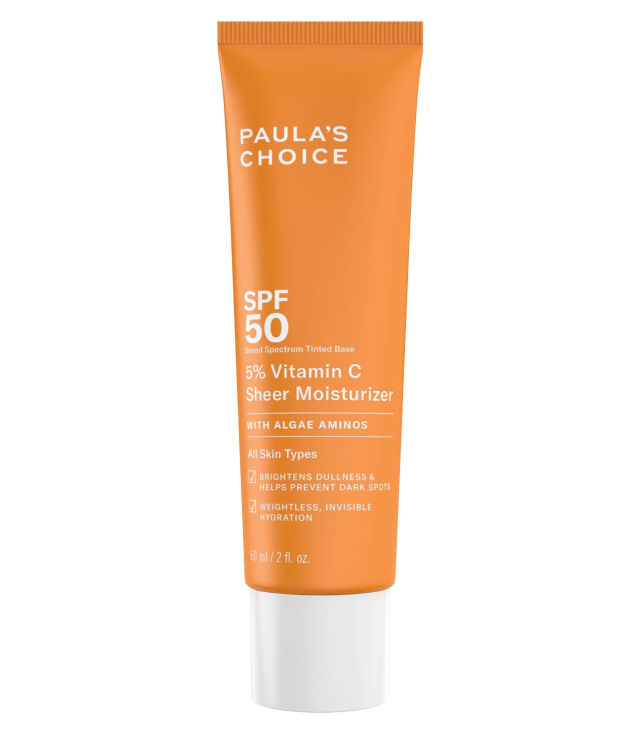 SKINZA Paula's Choice 5% Vitamin C Lotion SPF 50 bottle with pump dispenser, showcasing bright orange packaging and product label.