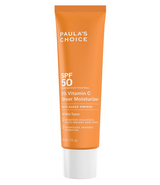 SKINZA Paula's Choice 5% Vitamin C Lotion SPF 50 bottle with pump dispenser, showcasing bright orange packaging and product label.
