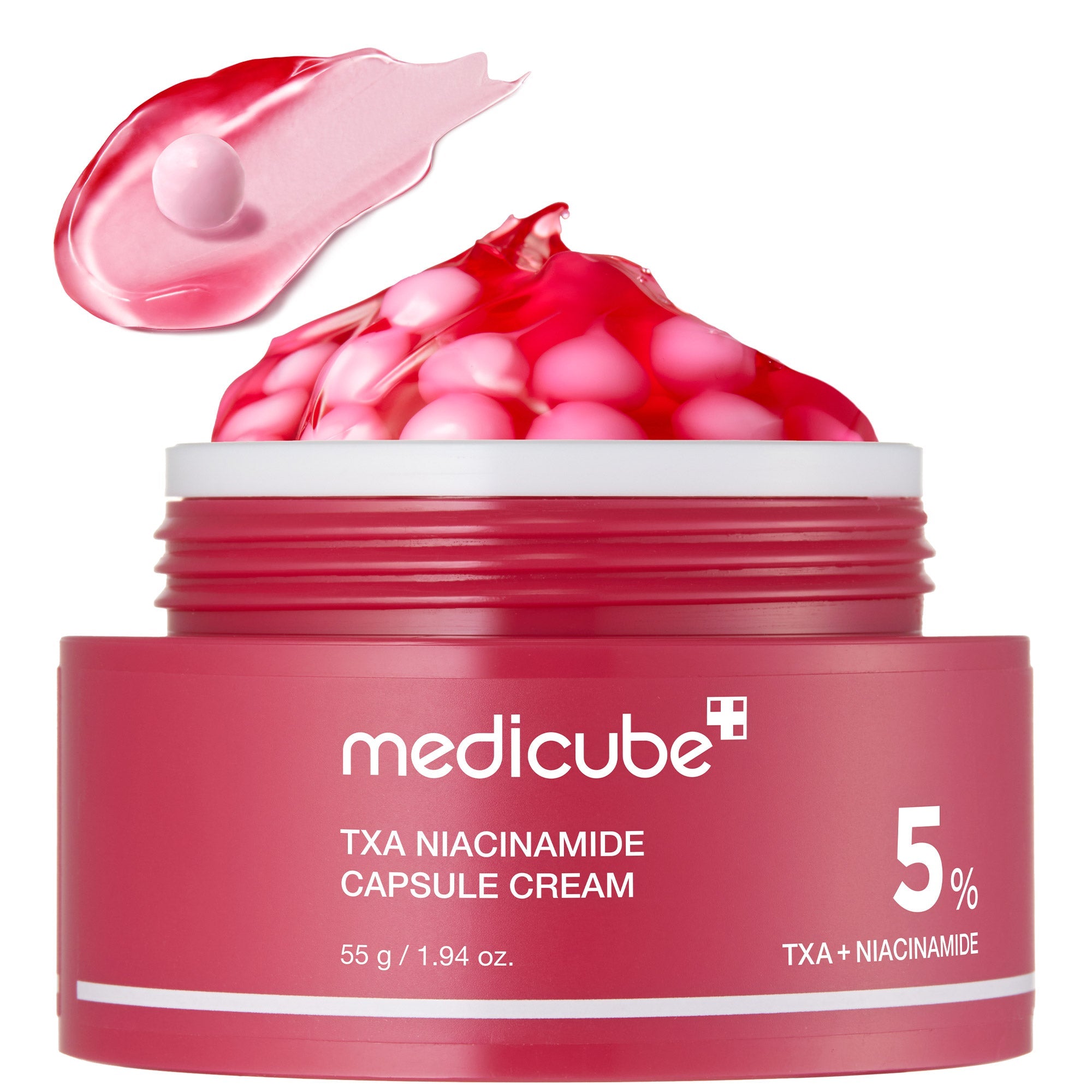 Pink PDRN line TXA Niacinamide capsule cream jar with white cap and pink label, displayed on a plain background.
