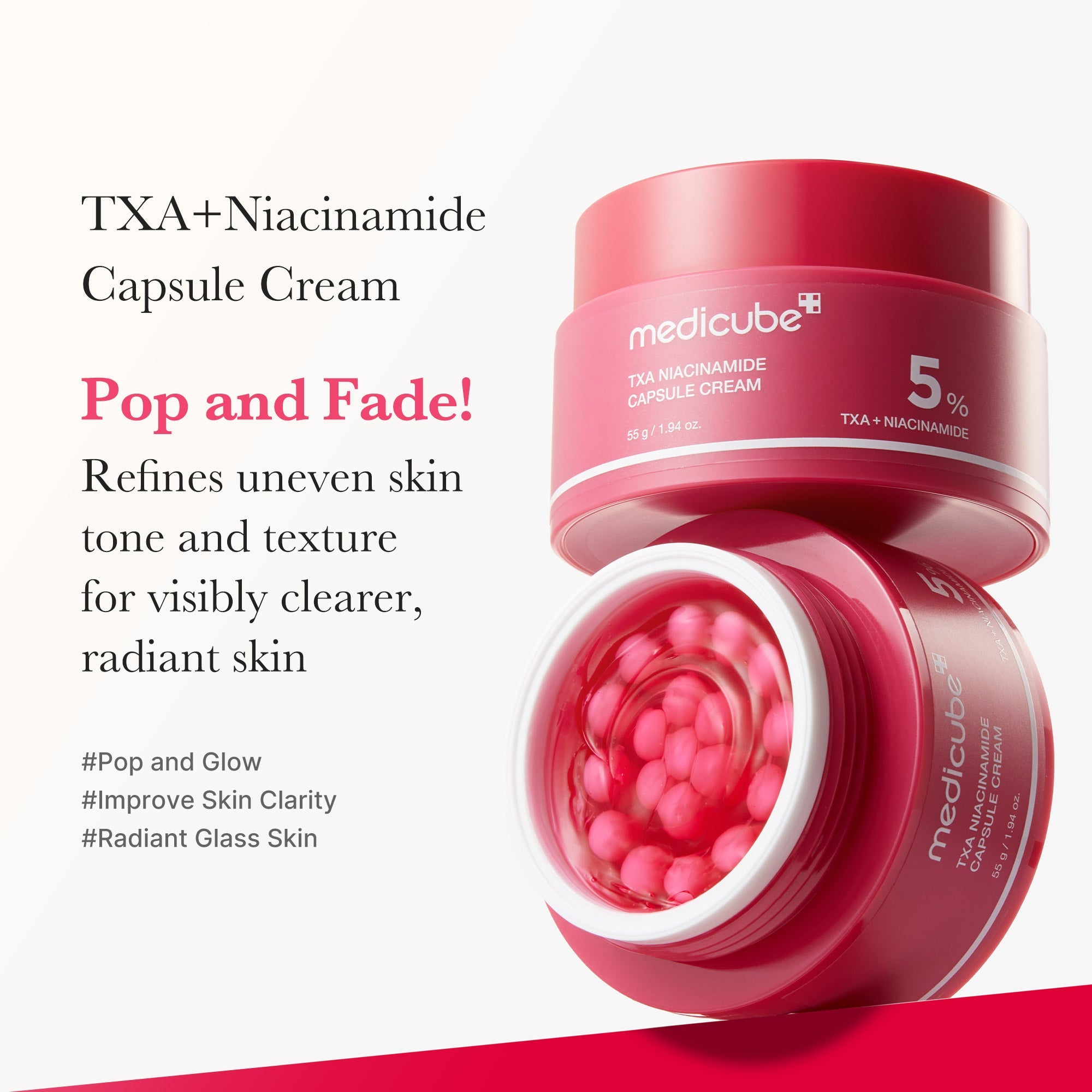 Pink PDRN line TXA Niacinamide Capsule Cream in a small jar with a white lid, showcasing the skincare product's packaging.
