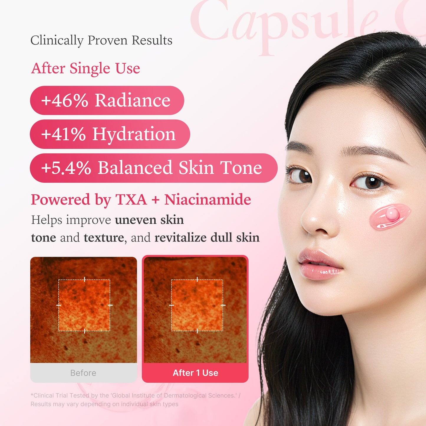 Pink PDRN line TXA Niacinamide Capsule Cream in a jar with a pink label and silver lid, showing the product's packaging.